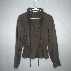 Rebecca Taylor Sandwash V-Neck Top M Smocked Ruffle Trim Quiet Luxury Feminine